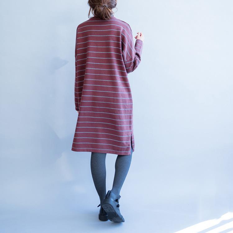 Autumn New Red Striped Woolen Blended Sweater Dresses Loose O Neck Knit Sweater Dress