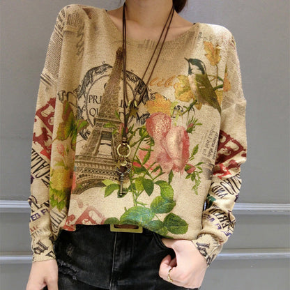 Autumn Bird Prints Sweater Tops O Neck Knit Pullover