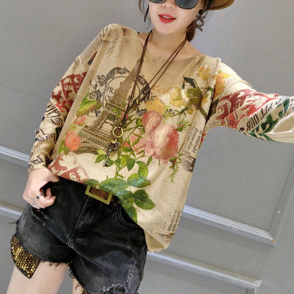 Autumn Bird Prints Sweater Tops O Neck Knit Pullover