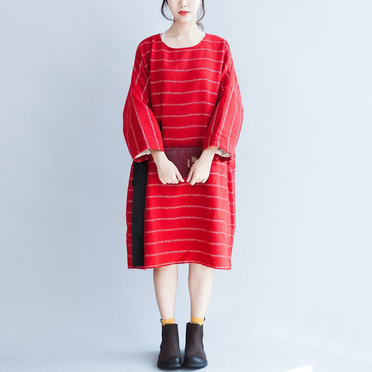 Autumn Red Striped Cotton Dresses Tie Waist Long Sleeve Woolen Dress