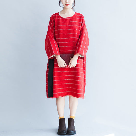 Autumn Red Striped Cotton Dresses Tie Waist Long Sleeve Woolen Dress