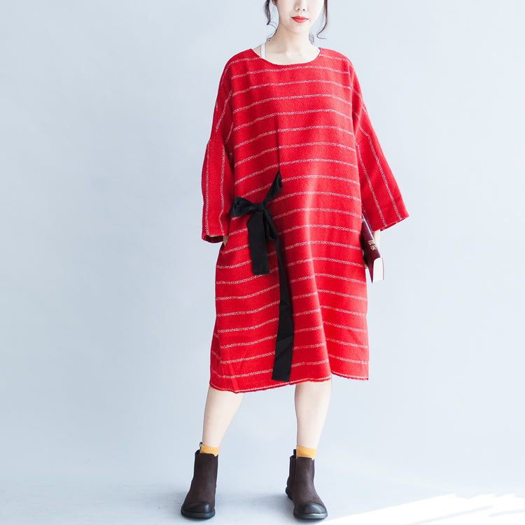 Autumn Red Striped Cotton Dresses Tie Waist Long Sleeve Woolen Dress