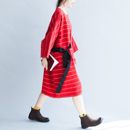 Autumn Red Striped Cotton Dresses Tie Waist Long Sleeve Woolen Dress