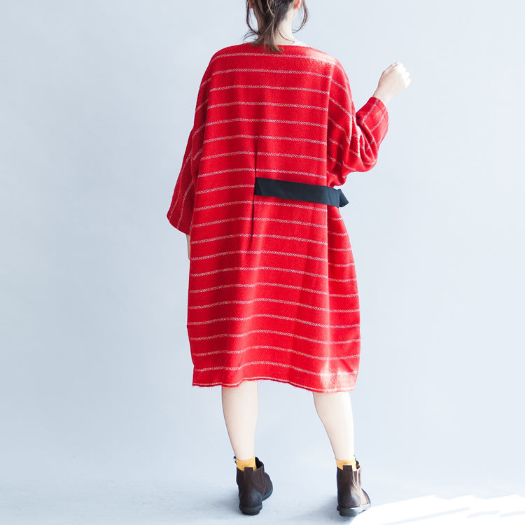 Autumn Red Striped Cotton Dresses Tie Waist Long Sleeve Woolen Dress