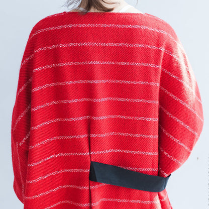 Autumn Red Striped Cotton Dresses Tie Waist Long Sleeve Woolen Dress