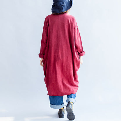 Autumn Red Cotton Coats Oversize O Neck Long Sleeve Cardigans
