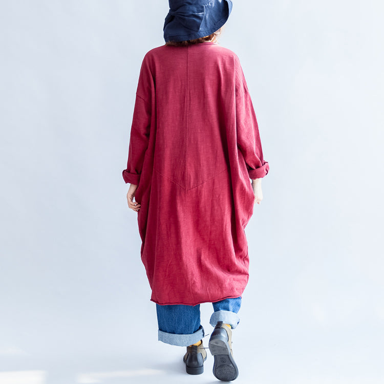 Autumn Red Cotton Coats Oversize O Neck Long Sleeve Cardigans