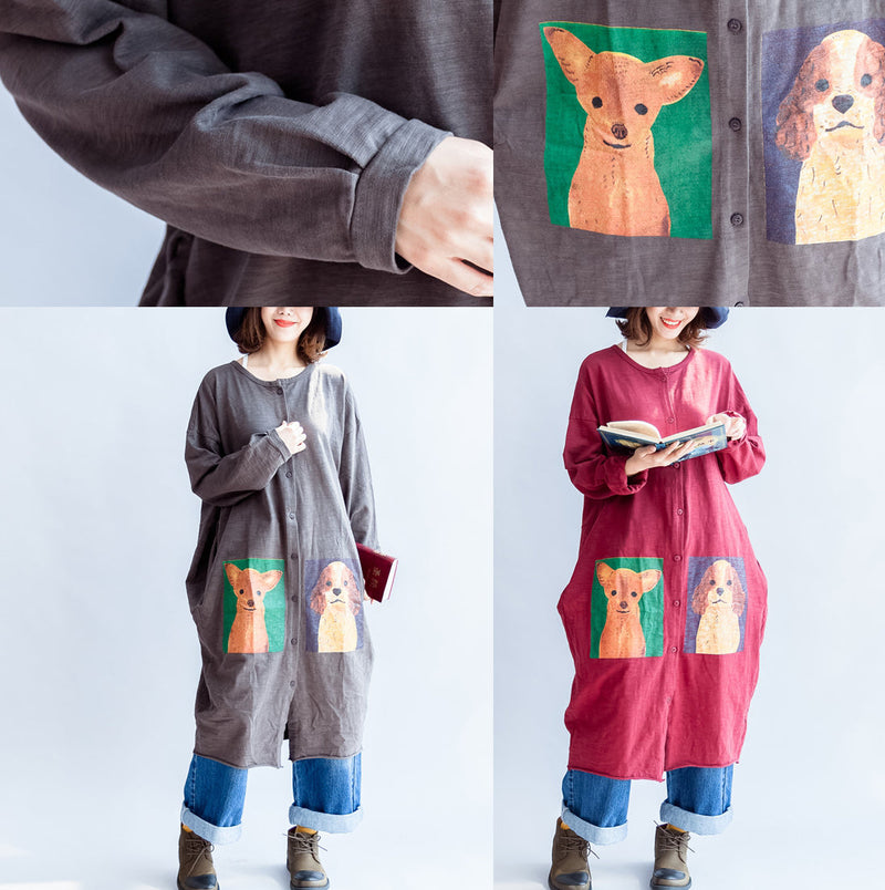 Autumn Red Cotton Coats Oversize O Neck Long Sleeve Cardigans