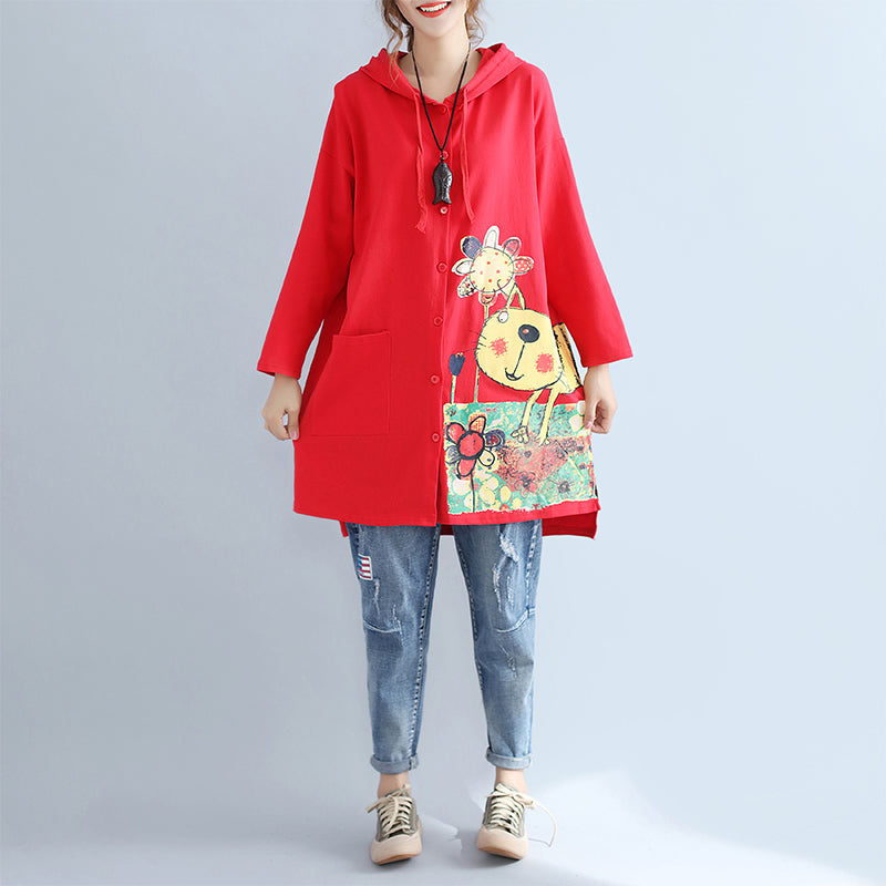 Autumn Red New Hooded Cotton Coats Print Big Pocket Cardigans Outwear
