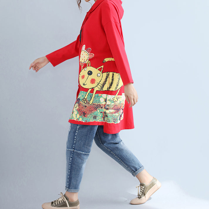 Autumn Red New Hooded Cotton Coats Print Big Pocket Cardigans Outwear