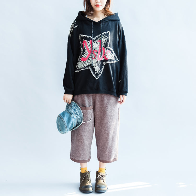 Autumn Thick Black Cotton Pullover Oversize Hooded Sport Blouse