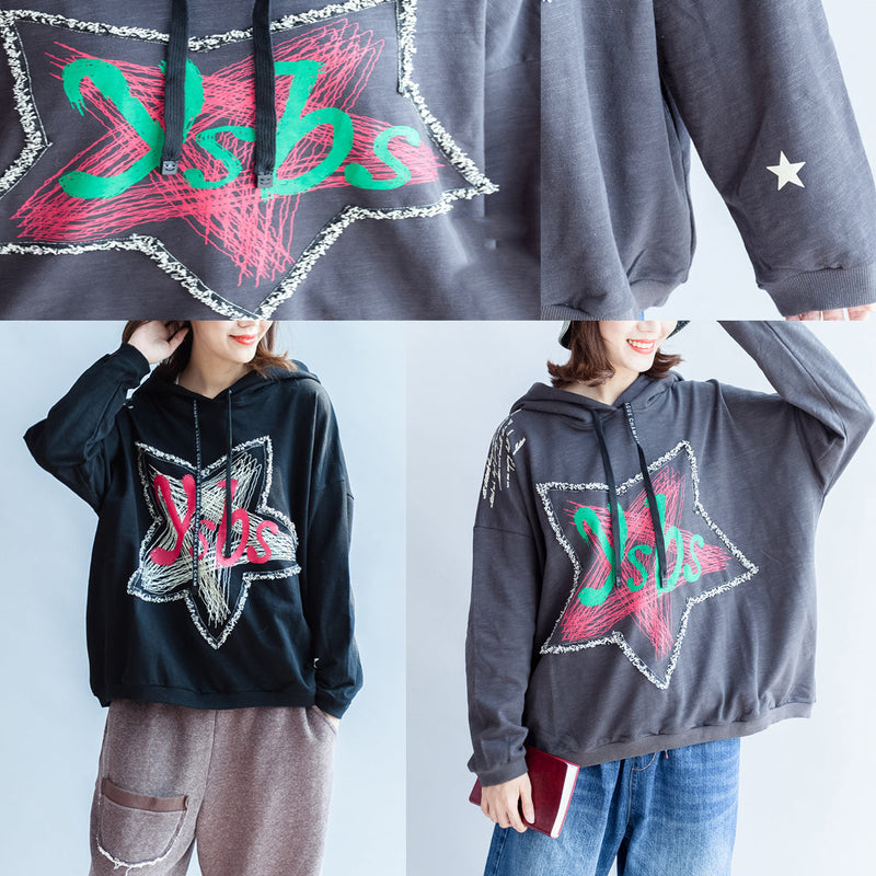 Autumn Thick Black Cotton Pullover Oversize Hooded Sport Blouse