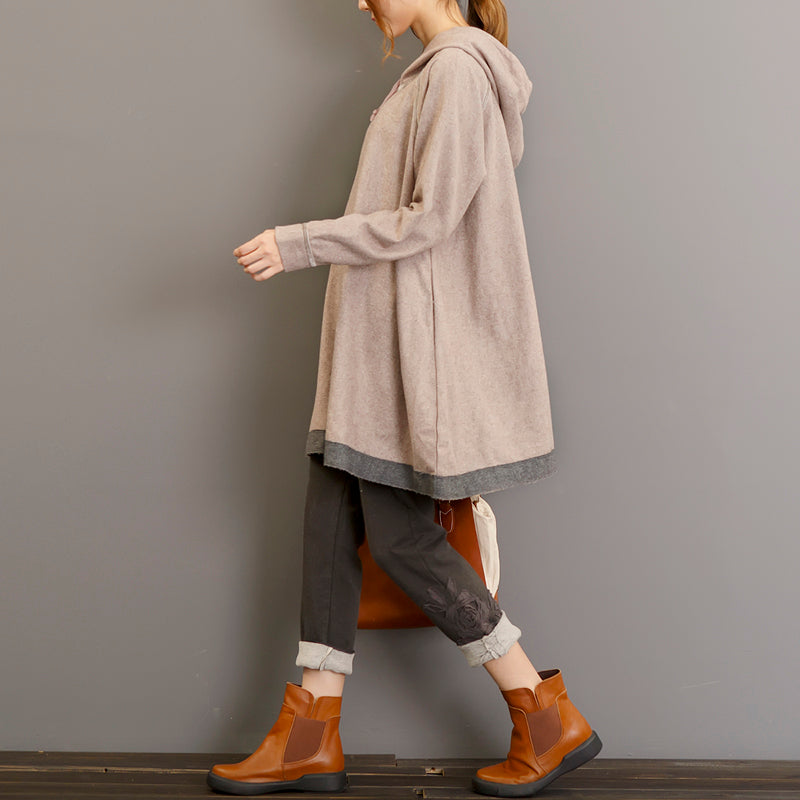 Autumn Thick Light Gray Cotton Blouse Oversize Long Sleeve Hooded Pullover