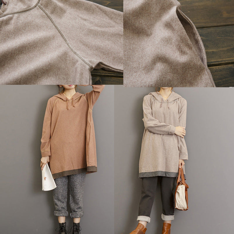 Autumn Thick Light Gray Cotton Blouse Oversize Long Sleeve Hooded Pullover