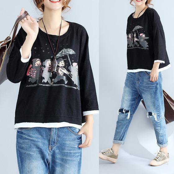 Autumn Thick Prints Cotton Pullover Oversize Long Sleeve Tops