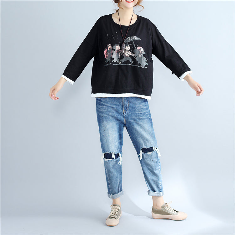 Autumn Thick Prints Cotton Pullover Oversize Long Sleeve Tops
