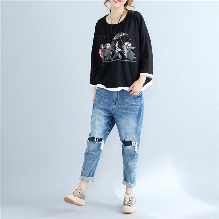 Autumn Thick Prints Cotton Pullover Oversize Long Sleeve Tops