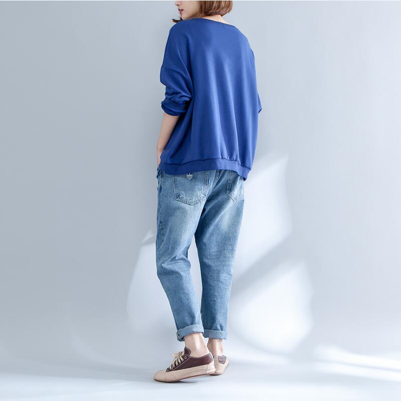 Autumn Thick Warm Cotton Tops Oversize O Neck Prints Pullover