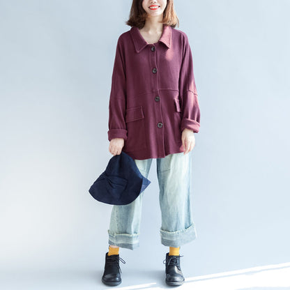 Autumn Warm Burgundy Cotton Short Coats Batwing Sleeve Jackets