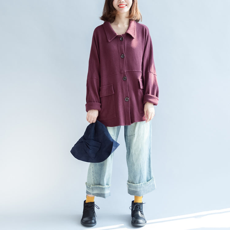 Autumn Warm Burgundy Cotton Short Coats Batwing Sleeve Jackets