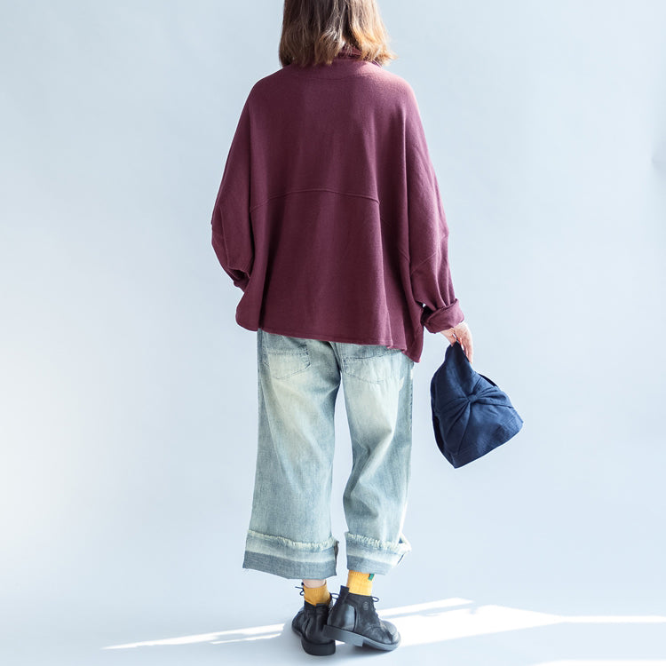 Autumn Warm Burgundy Cotton Short Coats Batwing Sleeve Jackets