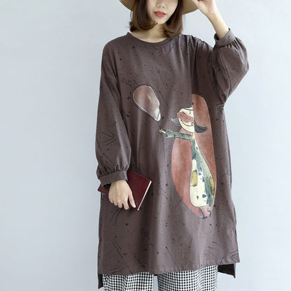 Autumn Warm Khaki Cartoon Print Cotton Dresses Lantern Sleeve Pullover Dress
