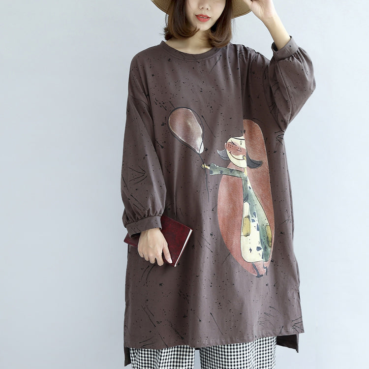 Autumn Warm Khaki Cartoon Print Cotton Dresses Lantern Sleeve Pullover Dress