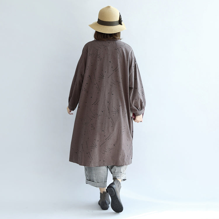 Autumn Warm Khaki Cartoon Print Cotton Dresses Lantern Sleeve Pullover Dress
