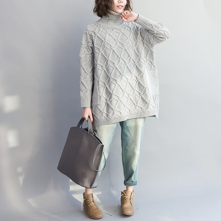 Autumn Warm Light Gray Cotton Sweater Cozy Batwing Knit Tops