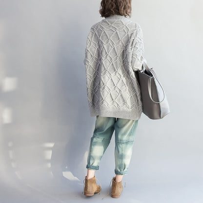 Autumn Warm Light Gray Cotton Sweater Cozy Batwing Knit Tops
