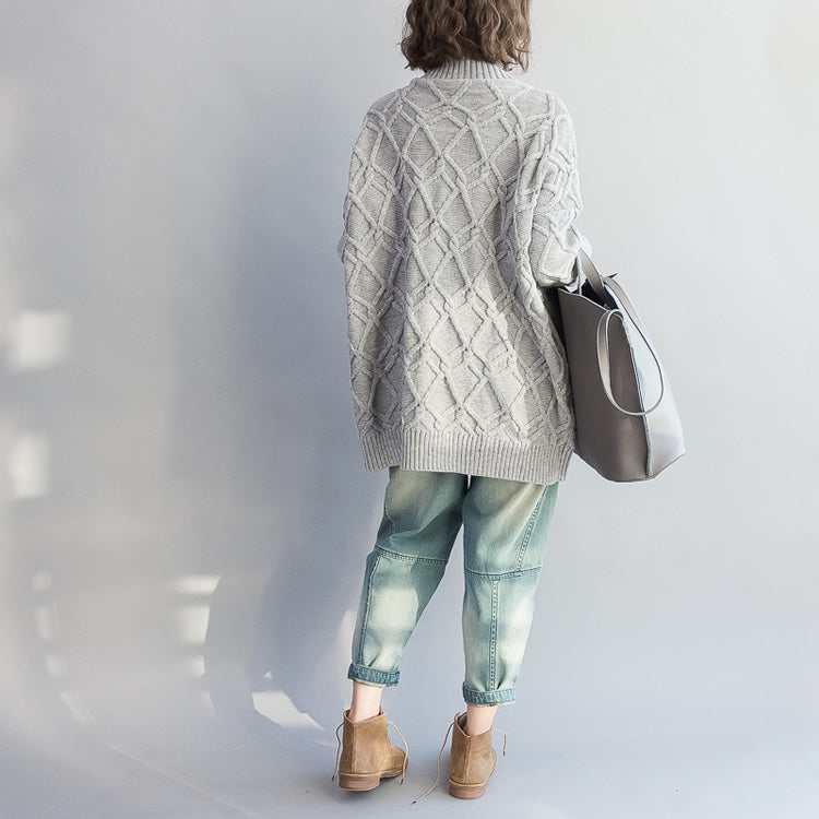 Autumn Warm Light Gray Cotton Sweater Cozy Batwing Knit Tops