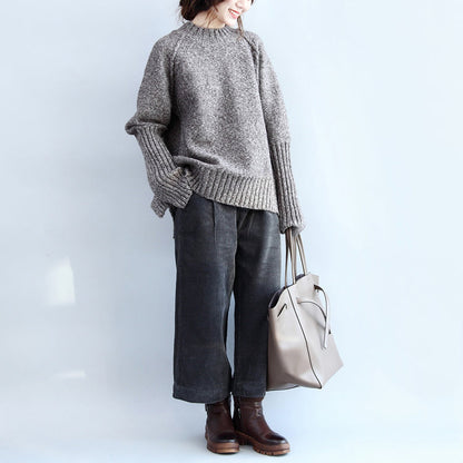 Autumn Warm Stylish Cotton Knitted Pullover Back Side Open Oversize Cozy O Neck Sweater