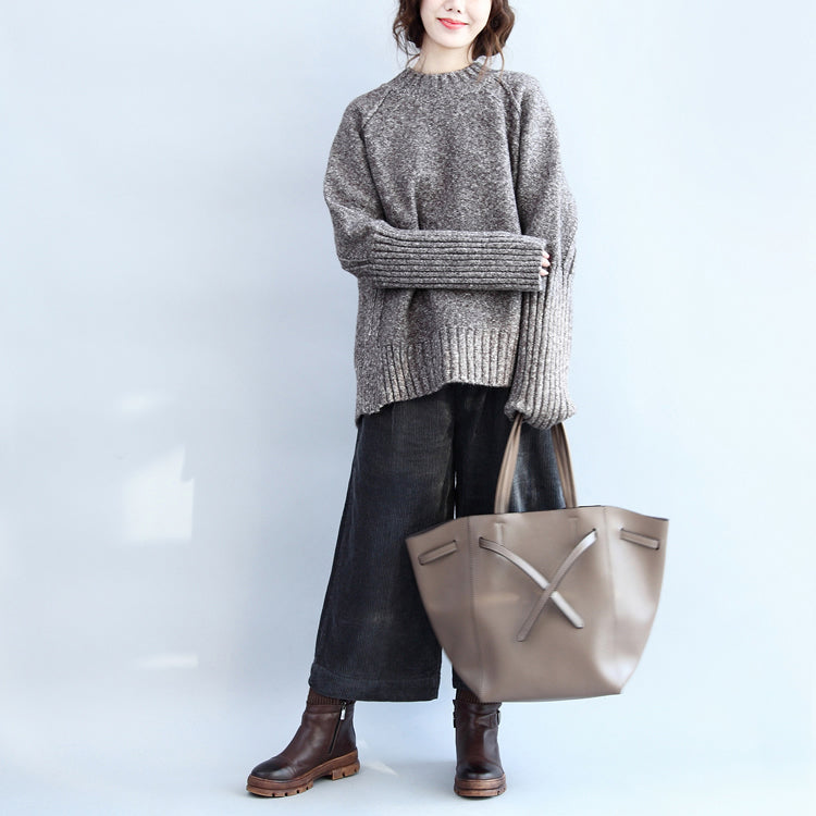 Autumn Warm Stylish Cotton Knitted Pullover Back Side Open Oversize Cozy O Neck Sweater