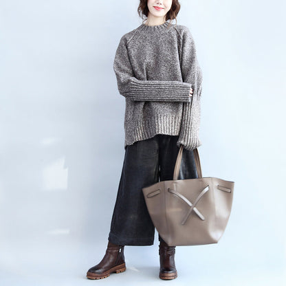 Autumn Warm Stylish Cotton Knitted Pullover Back Side Open Oversize Cozy O Neck Sweater