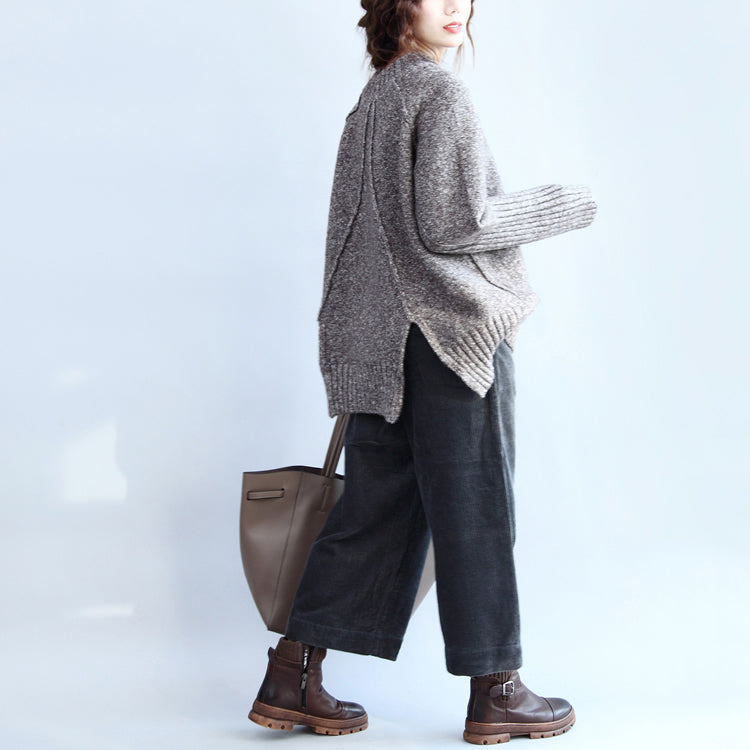 Autumn Warm Stylish Cotton Knitted Pullover Back Side Open Oversize Cozy O Neck Sweater