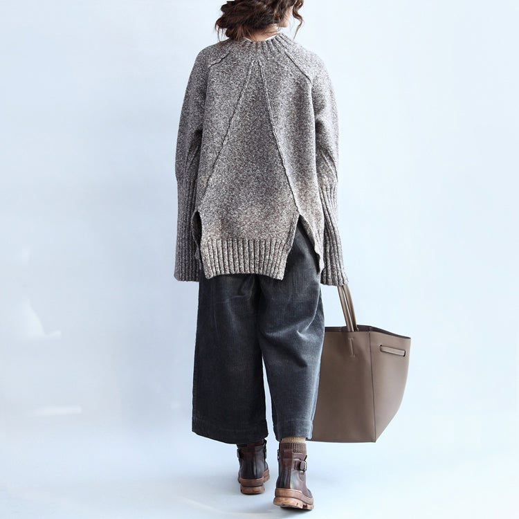 Autumn Warm Stylish Cotton Knitted Pullover Back Side Open Oversize Cozy O Neck Sweater