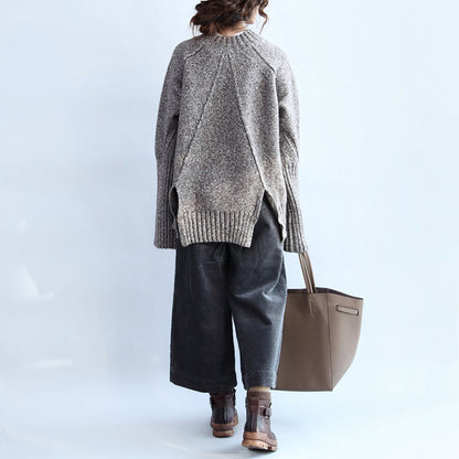 Autumn Warm Stylish Cotton Knitted Pullover Back Side Open Oversize Cozy O Neck Sweater