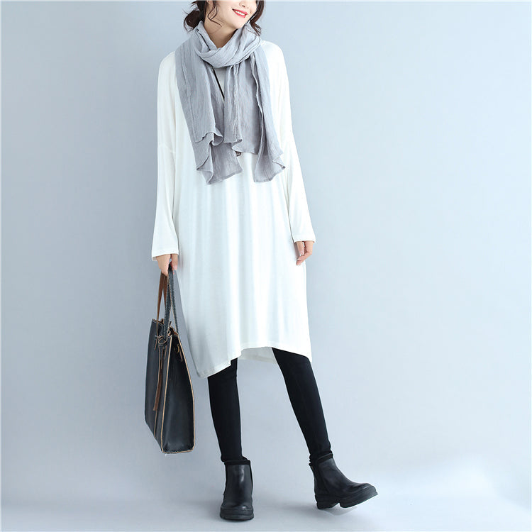 Autumn White Cotton T Shirt Dresses Oversize Long Sleeve Shift Dress