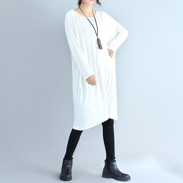 Autumn White Cotton T Shirt Dresses Oversize Long Sleeve Shift Dress