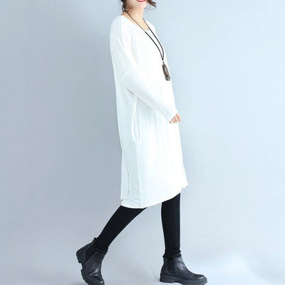 Autumn White Cotton T Shirt Dresses Oversize Long Sleeve Shift Dress
