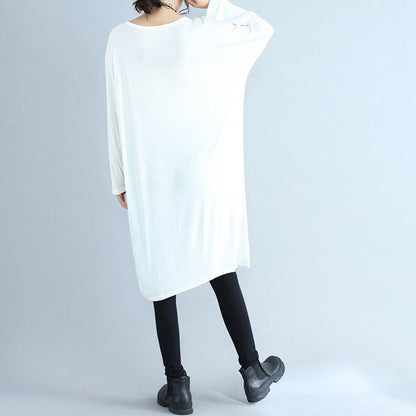 Autumn White Cotton T Shirt Dresses Oversize Long Sleeve Shift Dress