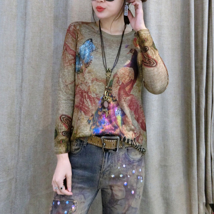 Autumn Wild New Alphabet Phoenix Print Cotton Tops Loose Fit O Neck Pullover