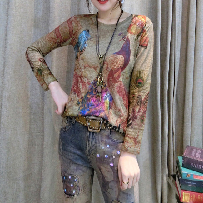 Autumn Wild New Alphabet Phoenix Print Cotton Tops Loose Fit O Neck Pullover