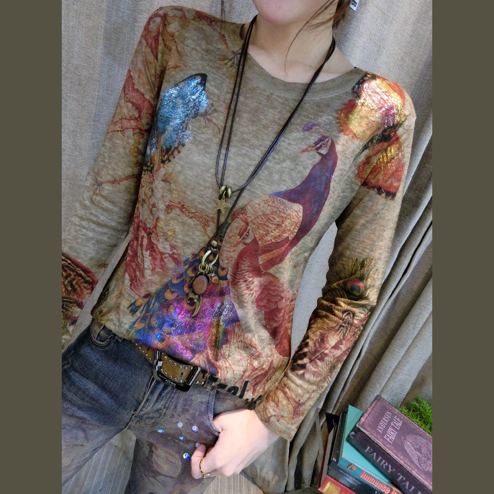 Autumn Wild New Alphabet Phoenix Print Cotton Tops Loose Fit O Neck Pullover