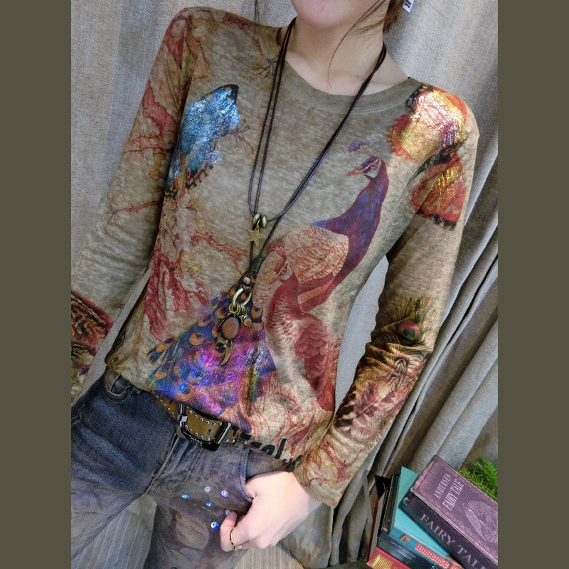 Autumn Wild New Alphabet Phoenix Print Cotton Tops Loose Fit O Neck Pullover