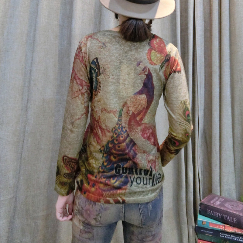 Autumn Wild New Alphabet Phoenix Print Cotton Tops Loose Fit O Neck Pullover