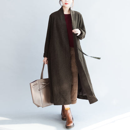 Autumn Winter Blackish Green Woolen Cardigans Tie Waist Trench Coats
