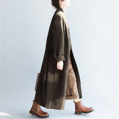 Autumn Winter Blackish Green Woolen Cardigans Tie Waist Trench Coats