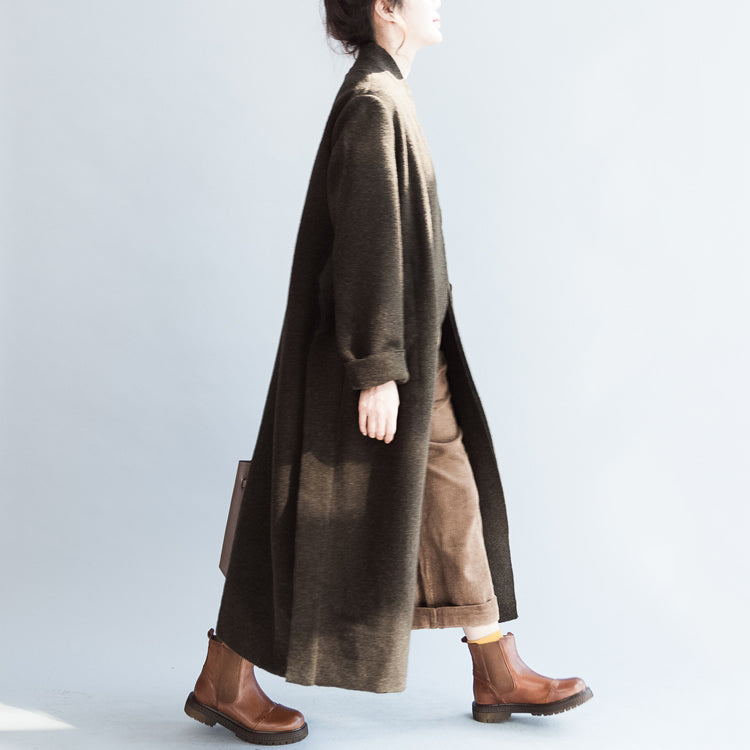 Autumn Winter Blackish Green Woolen Cardigans Tie Waist Trench Coats