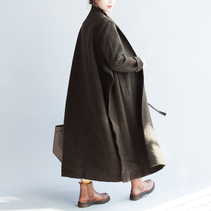 Autumn Winter Blackish Green Woolen Cardigans Tie Waist Trench Coats